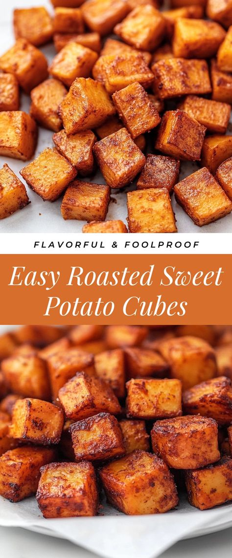 Image for Easy Roasted Sweet Potato Cubes Roasted Sweet Potatoes Meal Prep, Oven Bake Sweet Potatoes, Diced Roasted Sweet Potatoes, Sweet Potato With Steak, Roasted Cubed Sweet Potatoes, Best Healthy Sweet Potato Recipes, Bake A Sweet Potato In The Oven, Sheet Pan Roasted Sweet Potatoes, Roasted Vegetables Meal Prep