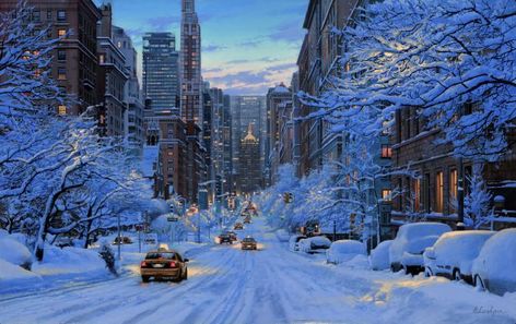 Evgeny Lushpin Christmas Aesthetic Landscape, Christmas Widgets Medium, Evgeny Lushpin, Snow City, Winter Dark, New York Painting, Snow Night, Aesthetic Posters, New York Winter