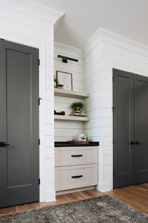 Kendall Charcoal, Bedroom Closet Doors, Fridge Drawers, Custom Floating Shelves, Entryway Decor Ideas, Black Closet, Home Entryway, White Shiplap Wall, Woodworking Cabinets