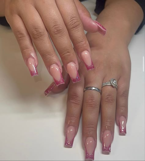 Sparkle Pink Tip Nails, Pink French Tip Nails With Sparkle, Short Nail Designs Pink French, Sparkly Pink Nails French Tip, Cute Pink Hoco Nails, Sparkly Pink French Tip Acrylic Nails, Pink Sparkle French Tip Nails Almond, Pink Sparkle Nails Square, Short French Tip Acrylic Nails Design Pink Glitter