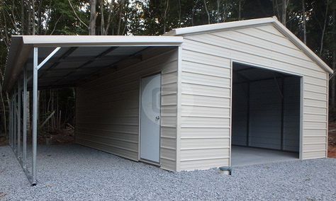 A lean-to carport can be a great choice for backyards that lack space and for simpler construction, that can be dismantled should there be a need. Typically, a lean-to carport leans on the side of an existing structure like a garage, shed or barn so both constructions blend in as part of the same building. … Lean To Carport, Small Shed Plans, Metal Garage Buildings, Carport With Storage, Backyard Garage, Carport Sheds, Carport Plans, Shed Building, Build Your Own Shed