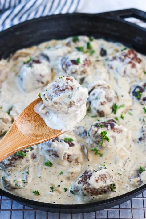 This Whole30 Meatball Stroganoff is a delicious gluten free and dairy free version of the classic childhood favorite! It's an easy and healthy meal that comes together in 30 minutes or less and is sure to be a crowd pleaser! Paleo Stroganoff, Whole 30 Meatballs, Free Noodles, Potatoes Mashed, Meatball Stroganoff, Over Mashed Potatoes, Keto Gluten Free, Primal Diet, Tasty Meatballs