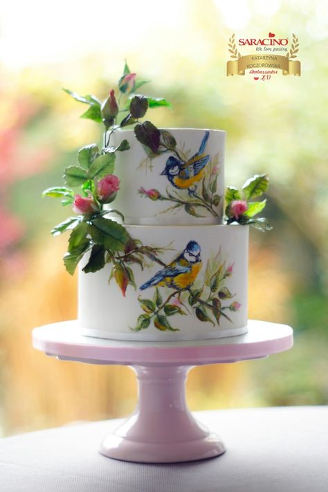 Birds by Katarzynka Ivy Wedding, Hand Painted Wedding Cake, Cake Painting, Painted Wedding Cake, Painted Cake, Pretty Cake, Hand Painted Cakes, Wedding Cake Photos, Bird Cakes