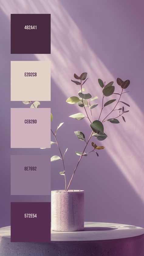 Colors: 482A41 ° E2D2C8 ° CEB2BD ° 8E7692 ° 572E54 Ethereal Lighting, Lavender Color Palette, Flat Color Palette, Plant Arrangement, Calm Color Palette, Color Design Inspiration, Purple Color Palettes, Hex Color Palette, Paint Color Inspiration