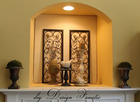 Great look....easy way to repurpose a tv niche!  I hate those things! Recessed Alcove Ideas, Niche Above Fireplace, Entry Alcove, Decorating A Niche In A Wall, Fireplace Niche, Alcove Decor, Niche Decor Ideas, Niche Decorating Ideas, Wall Niche Decor