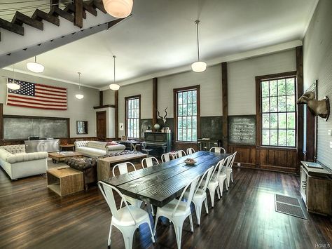 Converted Schoolhouse For Sale New York, hooked on houses Old School House, Wood Staircase, Country Style Kitchen, Old House Dreams, Bedroom Suite, Kitchen Styling, House Inspiration, House Rooms, Living Dining Room