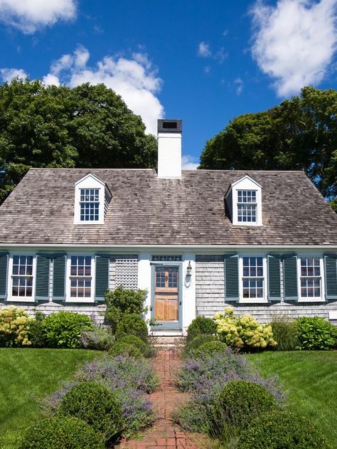 this is it...my little cape cod dream house with cedar shakes!  i would change the shutters to a dark, pine green, but love the lavender on the brick walkway! Cape Cod Architecture, Cape Cod Exterior, Cape Cod House Exterior, Cape Style Homes, Cape Cod Cottage, Cape Cod Style House, Blue Shutters, Cape Cod Style, Colonial Style Homes