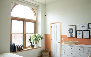 Modern Color Block Nursery Terra Cotta Nursery, Window Treatments For Large Windows, Blinds For Large Windows, Modern Gender Neutral Nursery, Arched Window Treatments, Large Scale Wall Art, Terra Cotta Color, Boho Baby Room, White Drapery