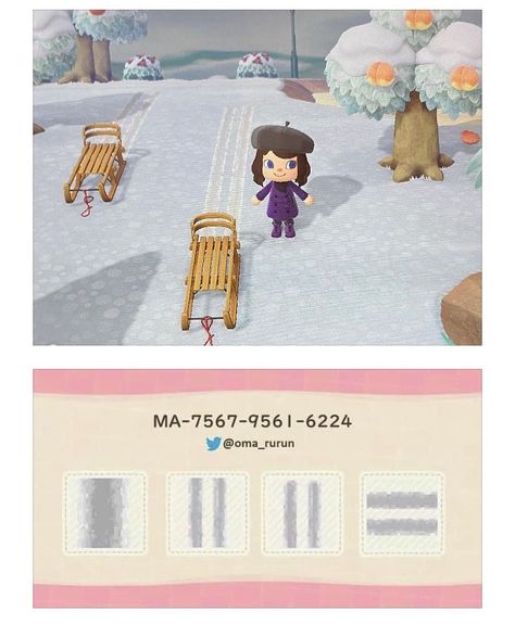 acnh patterns and designs ! on Instagram: “Snow tracks ❄️🛷 Fits perfectly with lot of themes ⛄️ 🌟Credit : @oma_rurun ✨Tags✨ #animalcrossingnewhorizons #acnh #animalcrossing…” Acnh Winter Leaves, Acnh Sleigh Rental, Christmas Acnh Island, Acnh Wintercore Island, Acnh Ice Castle, Acnh Christmas Island Ideas, Snow Path Animal Crossing, Acnh Winter Island Codes, Acnh Winter House