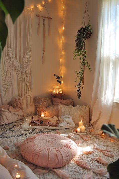 Effortless Chic: 11 Cozy and Elegant Spaces to Inspire You – Everyday Inspo Boho Meditation Space, Spa Bedroom Ideas, Reiki Room Decor, Bohemian Interior Design Bedroom, Meditation Nook, Chic Home Decor Ideas, Yoga Room Design, Zen Bedroom Ideas, Home Yoga Room