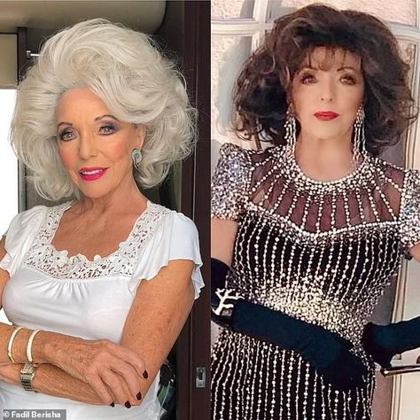 New look: Dame Joan Collins ditched her brunette locks on Thursday as she donned a blonde wig while transforming into a new American Horror Story character Silver Wig, Celebrity Mansions, Dame Joan Collins, Silver Wigs, Donna Mills, Linda Thompson, Faye Dunaway, Joan Collins, New Hairstyle