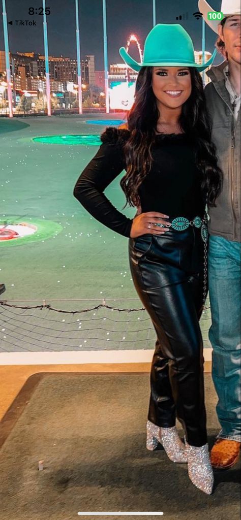 Night Out Western Outfit, Texas Night Out Outfit, Nashville Concert Outfit Winter, Western Outfits With Leather Pants, Boujie Cowgirl Outfit, Amanda Simmons, Emerald Green Western Outfit, Bling Boots Outfit, New Years Western Outfit