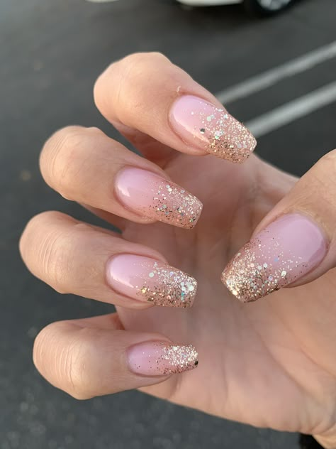 Pink And Gold Glitter Ombre Nails, Nails Pink Gold Glitter, Prom Sparkly Nails, Pink And Gold Sparkly Nails, Prom Nails Pink And Gold, Sweet 16 Birthday Makeup Looks, Nails To Match Rose Gold Dress, Pink Gold Glitter Nails, Sweet Sixteen Nails Ideas