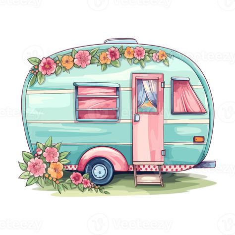 Super cute Spring Caravan, Summer Holiday Caravan Traveling Sticker, truck travel, Travel trailer illustration. Caravan Painting Ideas, Trailer Illustration, Caravan Illustration, Wooden Caravan, Cute Caravan, Camper Painting, Caravan Art, Sublimation Pictures, Caravan Pictures