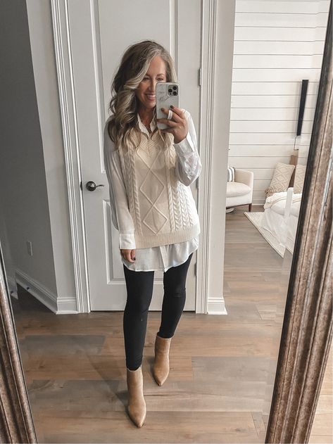 Business Sweater Vest Outfit, Knit Vest Over Shirt, Work Outfit Inspiration Winter, Fall Sweater Legging Outfits, Sweater Vest With Leggings Outfit, Knitted Vest Office Outfit, Button Down Shirt Sweater Outfit, White Shirt With Sweater Vest, Button Up With Leggings Outfit