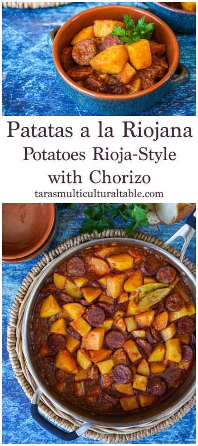 A recipe for Patatas a la Riojana (Potatoes Rioja-Style with Chorizo)- Tara's Multicultural Table- Potatoes are simmered in a pimentón (paprika) stew with slices of Spanish chorizo. Chorizo Potatoes, Chorizo Potato, Spanish Chorizo, Chorizo And Potato, Sausage Meat, Rioja Spain, Vegetable Appetizers, Chorizo Recipes, Sweet Paprika