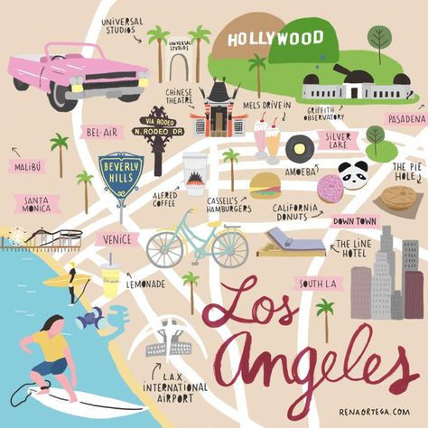 Los Angeles Usa Map Illustration, Los Angeles To Do, Los Angeles Map Illustration, Los Angeles California Things To Do, Californian Aesthetic, Los Angeles Trip, Map Of Los Angeles, Usa Aesthetic, La Travel Guide