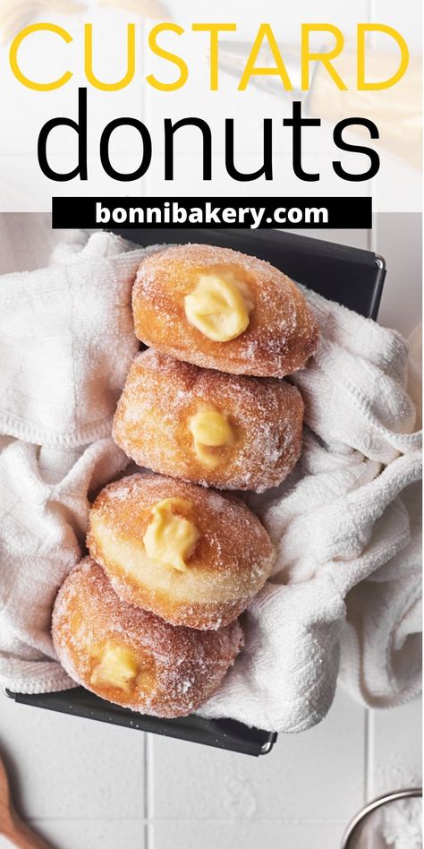 Custard Donuts, Donut Recipe Fried, Homemade Donut Recipe, Homemade Custard Recipe, Donuts Fried, Cream Filled Donuts, Doughnut Recipes, Easy Custard, Donut Filling