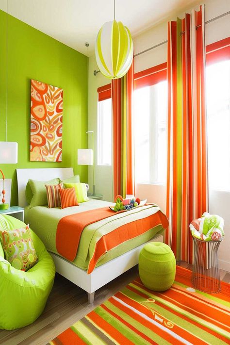 A playful bedroom with green and orange decor, including striped curtains and a colorful rug. White Green Orange Bedroom, Green Bedroom Orange Accents, Bedroom Inspirations Orange And Green, Bedroom Orange Green, Lime Green And Orange Bedroom, Green Room Colors, Brighter Bedroom, Green Beach, Bedroom Orange