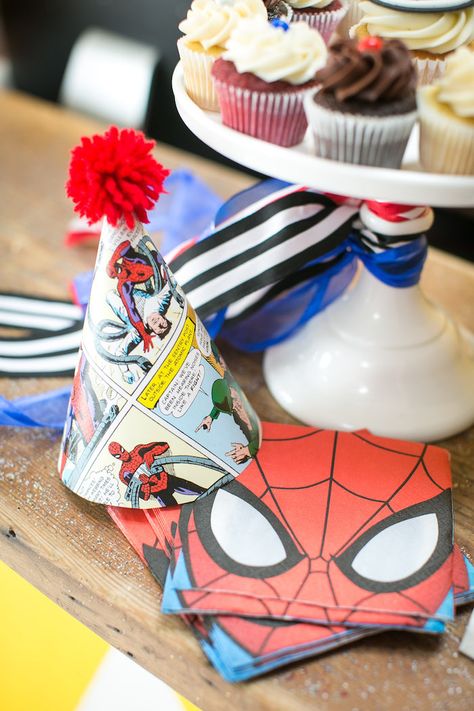 Pom pom Spider Man party hat from a Spectacular Spider Man Birthday Party on Kara's Party Ideas | KarasPartyIdeas.com (7) Spiderman Party Hat, Spider Man Birthday Party, Spidey Birthday, Spider Man Birthday, Marvel Birthday, Marvel Birthday Party, Marvel Party, Ideas Fiesta, Spiderman Theme