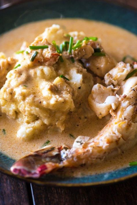 Close up of lobster mashed potatoes with a lobster tail Lobster Mashed Potatoes, Grilled Lobster Tail, Lobster Sauce, Lobster Dishes, Grilled Lobster, Mashed Potatoes Recipe, Lobster Tail, How To Cook Lobster, Lobster Bisque