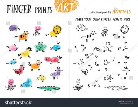 Finger prints art. The task teaches your kids how to make different animals. Collection in vector. Animals. Part 2. #Ad , #AFFILIATE, #task#teaches#kids#Finger Fingerprint Art Kids, Thumb Painting, Vector Animals, Craft Summer, Thumbprint Art, Fingerprint Crafts, Kids Colouring, Fingerprint Art, Different Animals