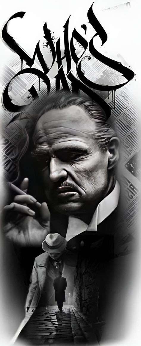 Mobster Tattoo Gangsters, Al Pacino Tattoo, Mafia Tattoo Design, Al Capone Tattoo, The Godfather Art, Chicano Tattoos Gangsters, Mob Tattoo, Mafia Tattoo, Montana Tattoo