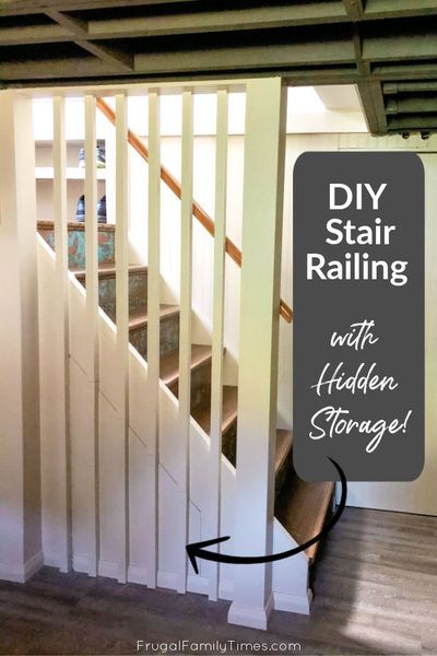 Who doesn't need more storage?! We devised a DIY stair railing that looks sleek and modern and has a secret: hidden storage under stairs! Our basement stairs look great, are safe and hide some bulky items! Full how to tutorial here. Diy Basement Stairs Makeover, Storage Under Stairs, Under Stairs Dog House, Stairs Makeover Design, Diy Stairs Makeover, Basement Staircase, Diy Stair Railing, Stairs Makeover Ideas, Basement Steps