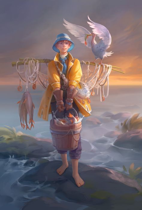 ArtStation - Fisherman with bird, Sveta Pikul (GreenBreen) Anime Fisherman, Fisherman Art Character Design, Dnd Fisherman, Fisherman Character Design Concept Art, Fisherman Character Design, Fantasy Fisherman, Fisherman Fantasy Art, Fish Folk Dnd, Fish People Fantasy Art