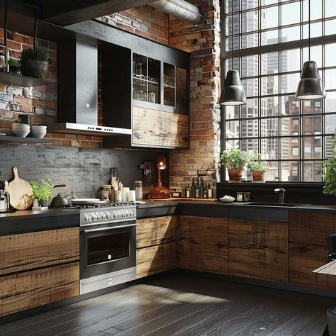 19+ Two Tone Kitchen Cabinets Ideas That Elevate Industrial Chic • 333+ Inspiring Lifestyle Ideas Black Kitchen Industrial, Wood And Metal Kitchen Cabinets, Industrial Style Kitchen Ideas, Kitchen Cabinet Industrial Design, Industrial Residential Kitchen, Black Cabinets Industrial Kitchen, Loft Apartment Kitchen, Industrial Theme Kitchen, Industrial Modern Kitchen