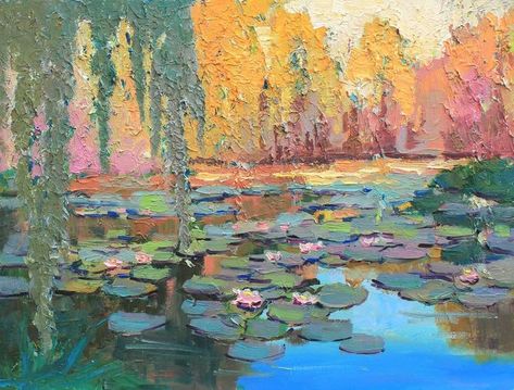 water lily pads lotus flower nympheas pond lake landscape thick paint texture painting coastal lowcountry bayou spanish moss sunlit landscape wall art Lily Pad Drawing, Pallet Knife Painting, Pond Drawing, Lotus Flower Painting, Water Lilies Painting, Pond Painting, Thick Paint, Paint Texture, Lily Painting