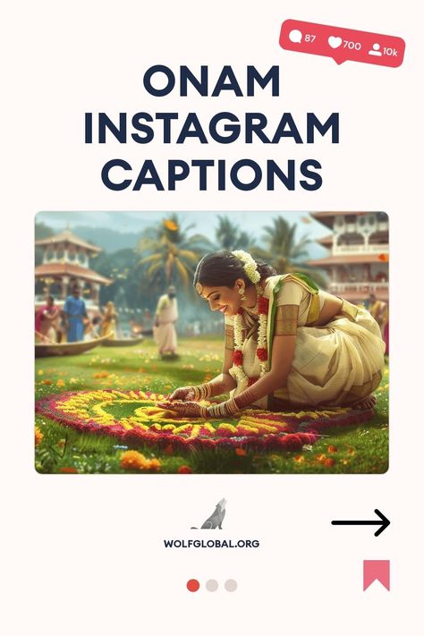 Graphic suggesting Onam festival Instagram captions with a woman arranging a floral pattern.
A graphic checklist celebrating traditional activities and elements associated with the Onam festival.
Woman with laptop surrounded by social media icons promoting Instagram engagement, woflglobal.org advertisement. Onam Captions For Instagram Story, Caption For Onam, Onam Instagram Post, Onam Captions For Instagram, Onam Quotes For Instagram, Instagram Captions For Onam, Onam Captions, Onam Vibes, Onam Quotes