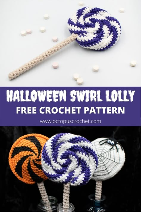 Lollipop Crochet Pattern Free, Crochet Lollipop Free Pattern, Crochet Candy Pattern, Crochet Candy Pattern Free, Candy Crochet Pattern Free, Easy Halloween Crochet Patterns Free, Candy Crochet Pattern, Crochet Desserts, Crochet Lollipop