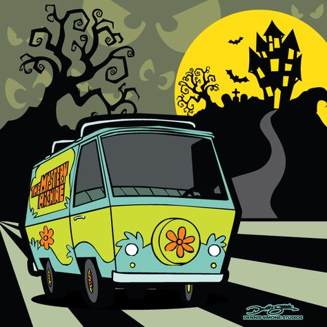 Scooby Doo Mystery Machine from Dennis Simone Studios. Mystery Machine Van Drawing, Scooby Doo Background Art, Mystery Machine Aesthetic, Mystery Machine Wallpaper, Mystery Incorporated Aesthetic, Scooby Villains, Scooby Doo Haunted House, Scooby Doo Painting, Scooby Doo Art