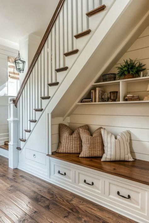 Transform the often-overlooked space under your stairs into functional storage. Install custom cabinets, shelving, or even a cozy reading nook to make the most of every inch. 📚📦✨ #UnderStairStorage #SmallHomeDecor #SpaceSaving #CreativeSolutions Under Basement Stairs, Under Staircase Ideas, Shelves Under Stairs, Cabinet Under Stairs, Under Stairs Ideas, Understair Storage, Cottage Stairs, Under Stairs Nook, Under Stairs Storage Solutions