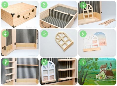 Doll House in a Box: DIY tutorial on how to make a simple and portable dollhouse for children Portable Crafts, Portable Doll House Diy How To Make, Foldable Dollhouse, Travel Dollhouse Diy, Peg Doll House, Folding Dollhouse, Homemade Wooden Doll House, Wood Doll House Simple, House Cardboard