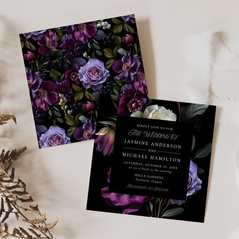 Elegant floral wedding invitations featuring a top and bottom border of purple and burgundy flowers, lush green foliage, and dark berries. "The Wedding Of" is displayed in elegant, modern typography. Personalize the purple floral wedding invitation with your names and wedding details. The square wedding invitation coordinates with our Moody Gothic Floral wedding collection. Deep Purple And Emerald Green Wedding, Dark Purple And Green Wedding, Purple Wedding Card, Unique Wedding Veils, Square Wedding Invitations, Gothic Wedding Theme, Dark Green Wedding, Purple And Green Wedding, Purple Wedding Theme