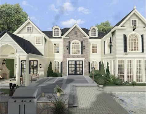 Bloxburg Linen House Exterior, Bloxburg Big House Exterior, Bloxburg House Ideas Exterior Rich, Bloxburg House Inspiration Exterior, American Bloxburg House, Cute Modern Bloxburg Houses, Blox Burg Mansion, Bloxburg House Ideas Modern Farmhouse, Bloxburg Cottage Mansion