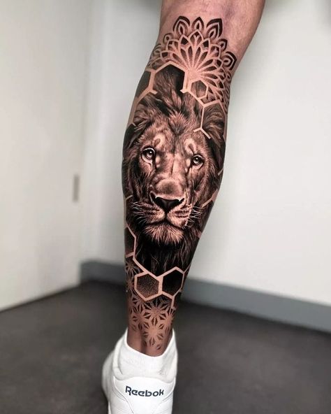 Tattoo Designs Lion, Lion Leg Tattoo, Geometric Tattoo Leg, Calf Tattoo Men, Animal Tattoos For Men, Full Leg Tattoos, Tattoo Dotwork, Lion Tattoo Sleeves, Mens Lion Tattoo