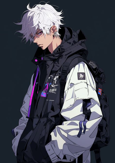 Hacker Character Design, Cyberpunk Outfit Male, Techwear Anime, Cyberpunk Dnd, Emo Boy Drawing, Cyberpunk Boy, Hacker Art, Male Pfp, Neon Cyberpunk