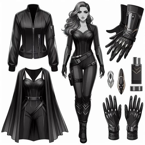 Black Widow Outfit Ideas, Women Assassins Outfit, Black Hero Costume, Superhero Outfits Design, Stealth Armor, Villain Dresses, Superhero Costumes Female, Spy Outfit, Warrior Outfit