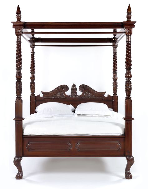 Our beautiful mahogany Queen Anne four poster bed features detailed carving in the hand turned posts, crisp carving on the headboard and a panelled footboard. The bed has an open canopy finished with hand turned finials. The canopy has mahogany poles all round that can be used to attach drapes to if you choose to dress your bed. Gentleman Decor, Four Poster Bedroom, King Size Canopy Bed, Queen Anne Furniture, 4 Poster Bed, Four Post Bed, 4 Poster Beds, Queen Anne Style, Four Poster Bed