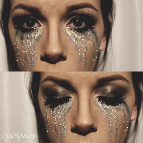 Glitter Puke Aesthetic, Glitter Body Painting Photography, Glitter Tears Makeup Euphoria, Glittery Tears Makeup, Sparkle Tears Makeup, Glitter Tears Photoshoot, Alien Glitter Makeup, Sparkly Halloween Makeup, Glitter Grunge Aesthetic