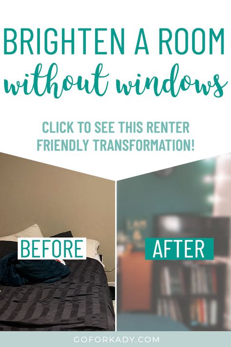 Rental apartments with rooms without windows are common in major cities, and it's hard to come up with dark bedroom ideas. Click here to find out how I made over my windowless guest room and turned a dark, boring space into a bright, cozy, chic office and guest room! Follow my dark bedroom makeover to see tips and ideas on how to use lights, paint and decor to brighten a rental apartment room with no windows on a budget! #apartmentmakeover #darkbedroom Windowless Bedroom Ideas Small Spaces, Cozy Room No Windows, Cozy Bedroom No Windows, Small Windowless Room Ideas, Turning A Basement Into A Bedroom, Dark Bedroom Makeover, Office Without Windows Decorating, Small Bedroom Ideas No Windows, Small Bedroom No Windows Ideas