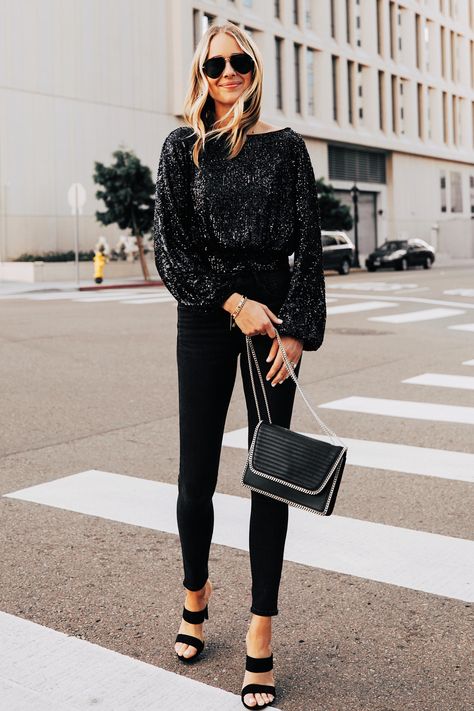 Black Sparkle Top Outfit, Sequin Long Sleeve Top Outfit, Black Top Party Outfit, Blue Sequin Top Outfit, Black Pants Sequin Top, Black Sequin Top And Jeans, Styling Sequin Top, How To Style A Sequin Top, Sequence Top With Jeans