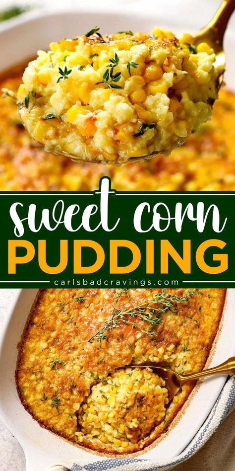 Delight your guests with Sweet Corn Pudding, a must-try Thanksgiving side dish idea, or an easy Christmas side dish! This make ahead friendly dish combines fresh corn, cream style corn, eggs, heavy cream, and cornstarch for a creamy treat. Try it now! Healthy Corn Pudding, Sweetcorn Recipes Side Dishes, Creamed Corn Pudding, Thanksgiving Corn Pudding, Corn Dish Thanksgiving, Thanksgiving Corn Dish, Corn Pudding Without Jiffy, Corn Side Dish Recipes Thanksgiving, Holiday Corn Recipes