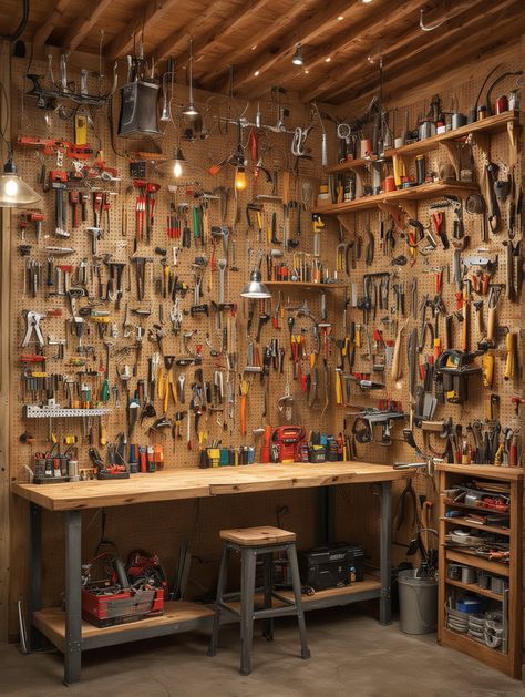 13 Smart Garage Hangout Ideas – The DIY Desire Tool Storage Organization, Small Workshop Layout, Workshop Storage Ideas, Garage Hangout Ideas, Garage Wall Organization, Workshop Aesthetic, Organized Tools, Shop Ideas Garage, Container Workshop