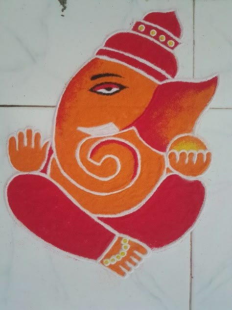 Rangoli Ganpati Simple, Ganapati Bappa Rangoli, Ganpati Bappa Rangoli Designs, Bappa Rangoli, Tulsi Pot, Ganpati Rangoli, Ganesh Rangoli, Diwali Drawing, Snapchat Streaks