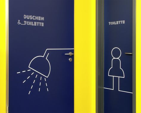 Sports hall – Chemnitz by Gourdin & Müller , via Behance Restrooms Signage, Toilet Signs, Sports Hall, Sign System, Wayfinding Design, Signage System, Icon Sets, Toilet Sign, Environmental Graphic Design