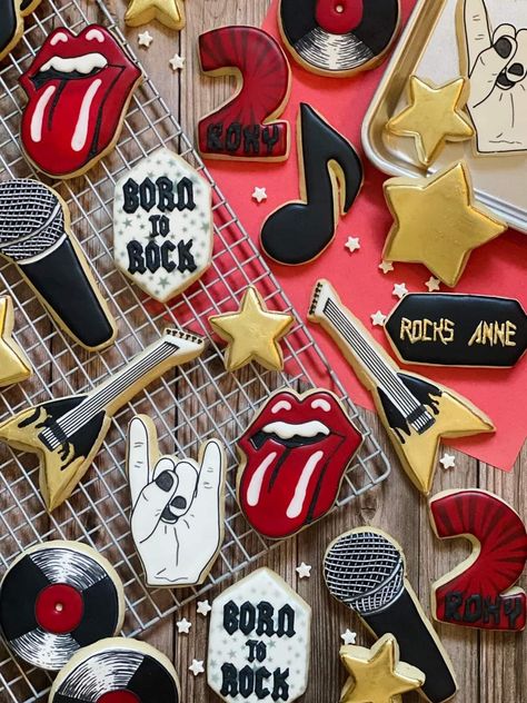 Rock And Roll 21st Birthday, Born Two Rock Birthday Cookies, Rockstar Party Ideas For Adults, Rock And Roll Dessert Table, 80s Rock Bachelorette Party, Rock And Roll 2nd Birthday Party, Rock Bday Party, Rock Star Cookies, 80s Rock And Roll Party